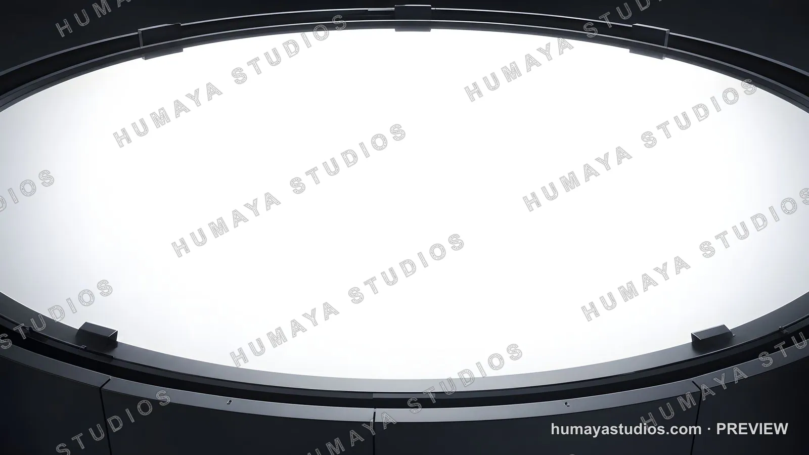 Circular light stage with metallic frame and glowing white display