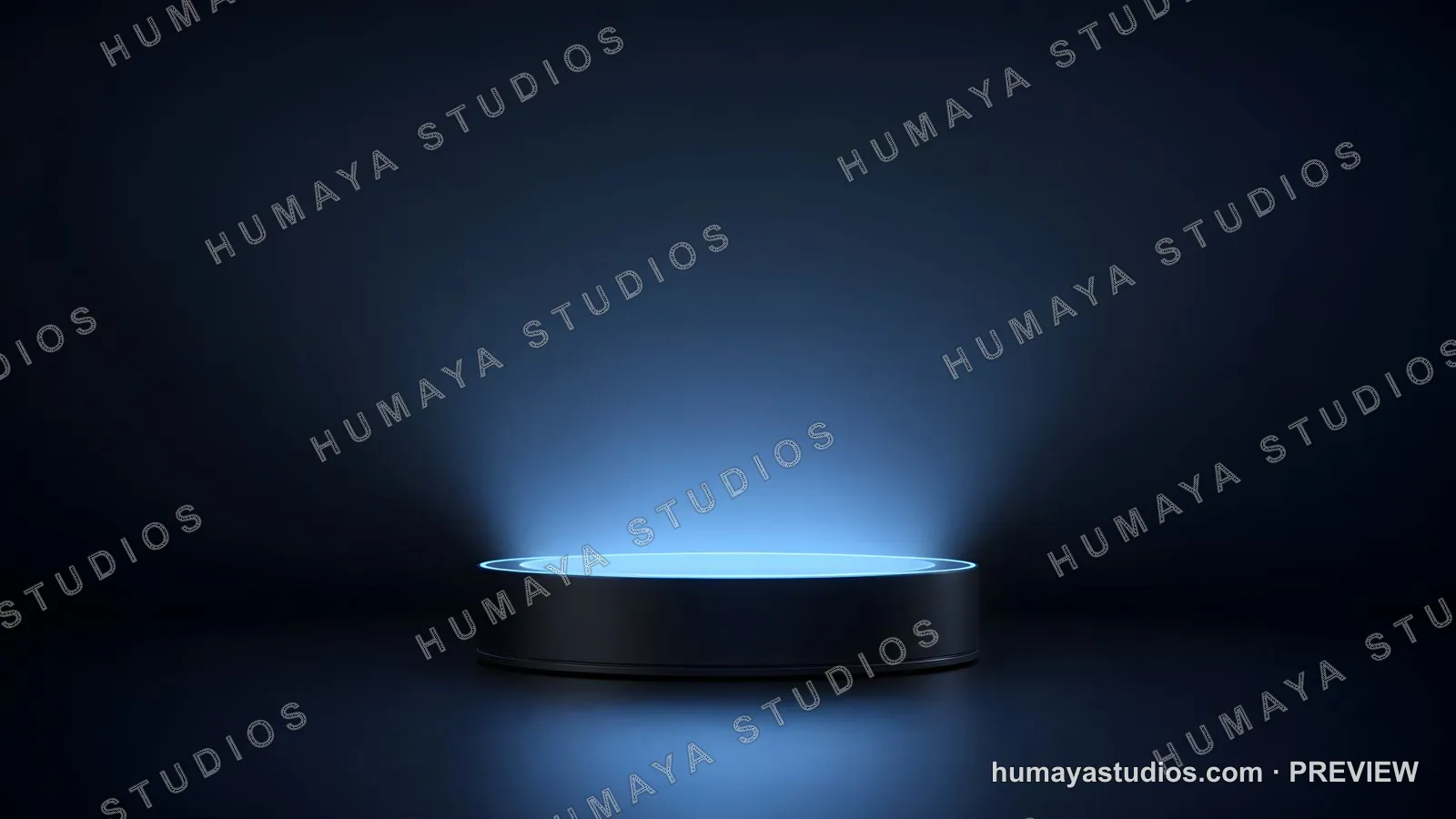 Futuristic blue glowing pedestal stage in dark studio