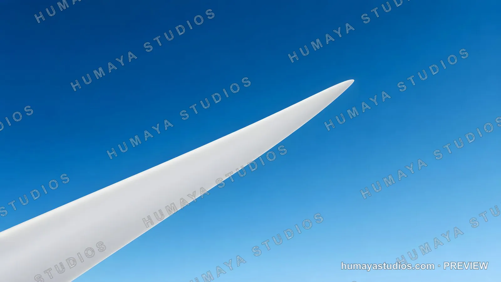 Wind turbine blade pointing up against clear blue sky background