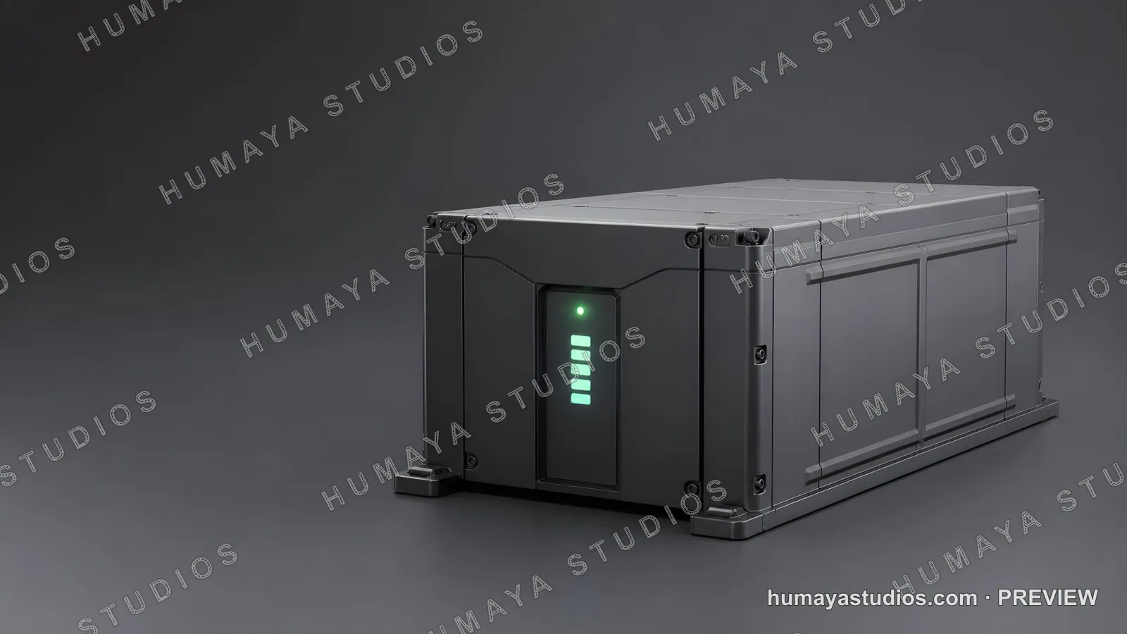 Futuristic power storage unit with glowing green status indicators