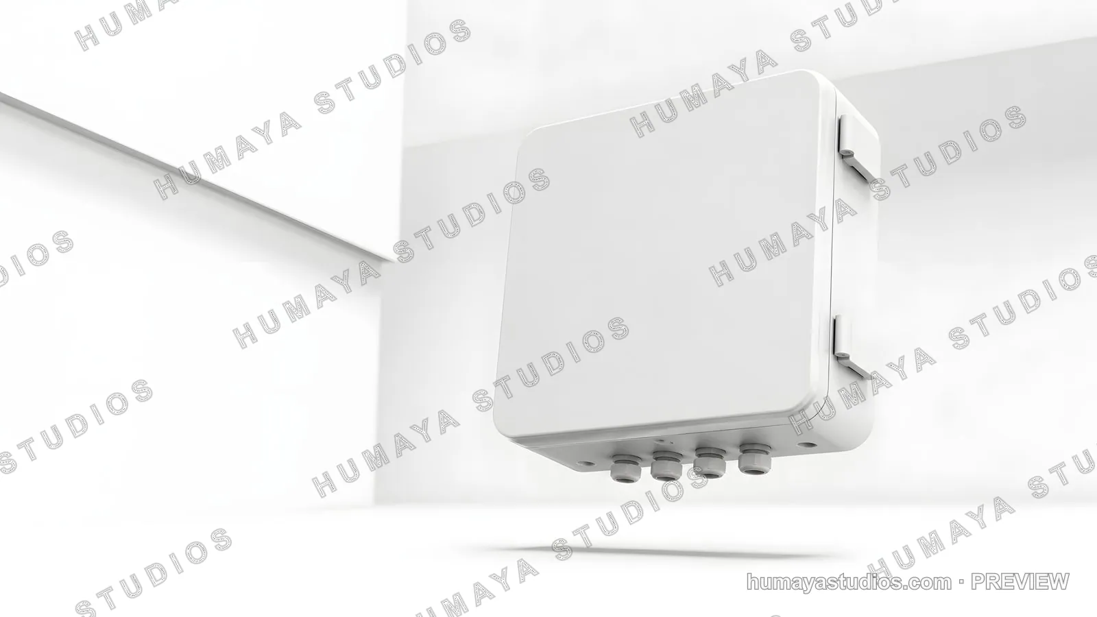White junction box with cable glands in minimalist interior