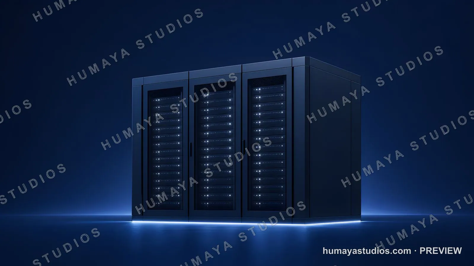 Server Racks in Data Center with Glowing Blue Light
