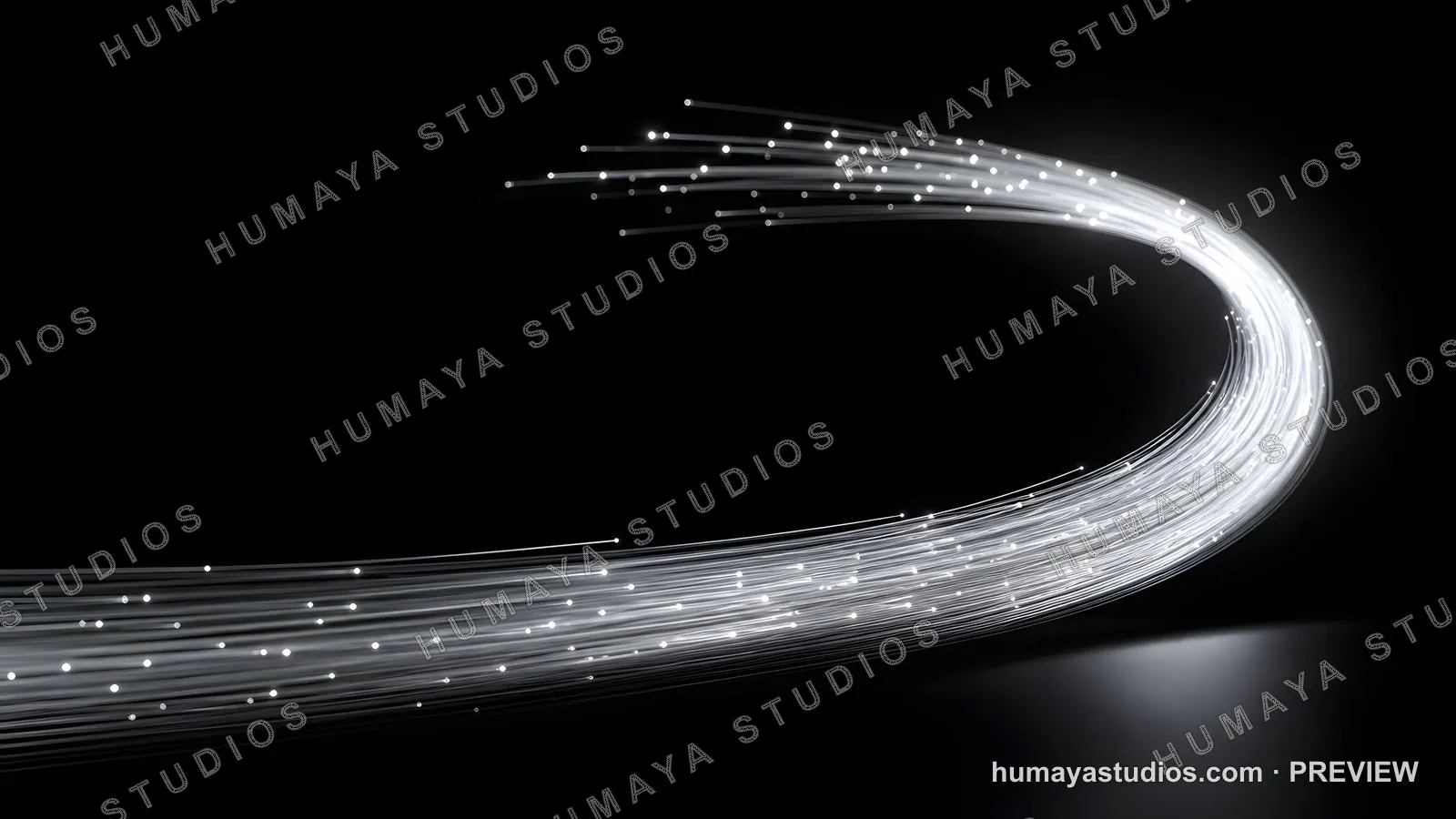 Fiber optic cables glowing curved on black background