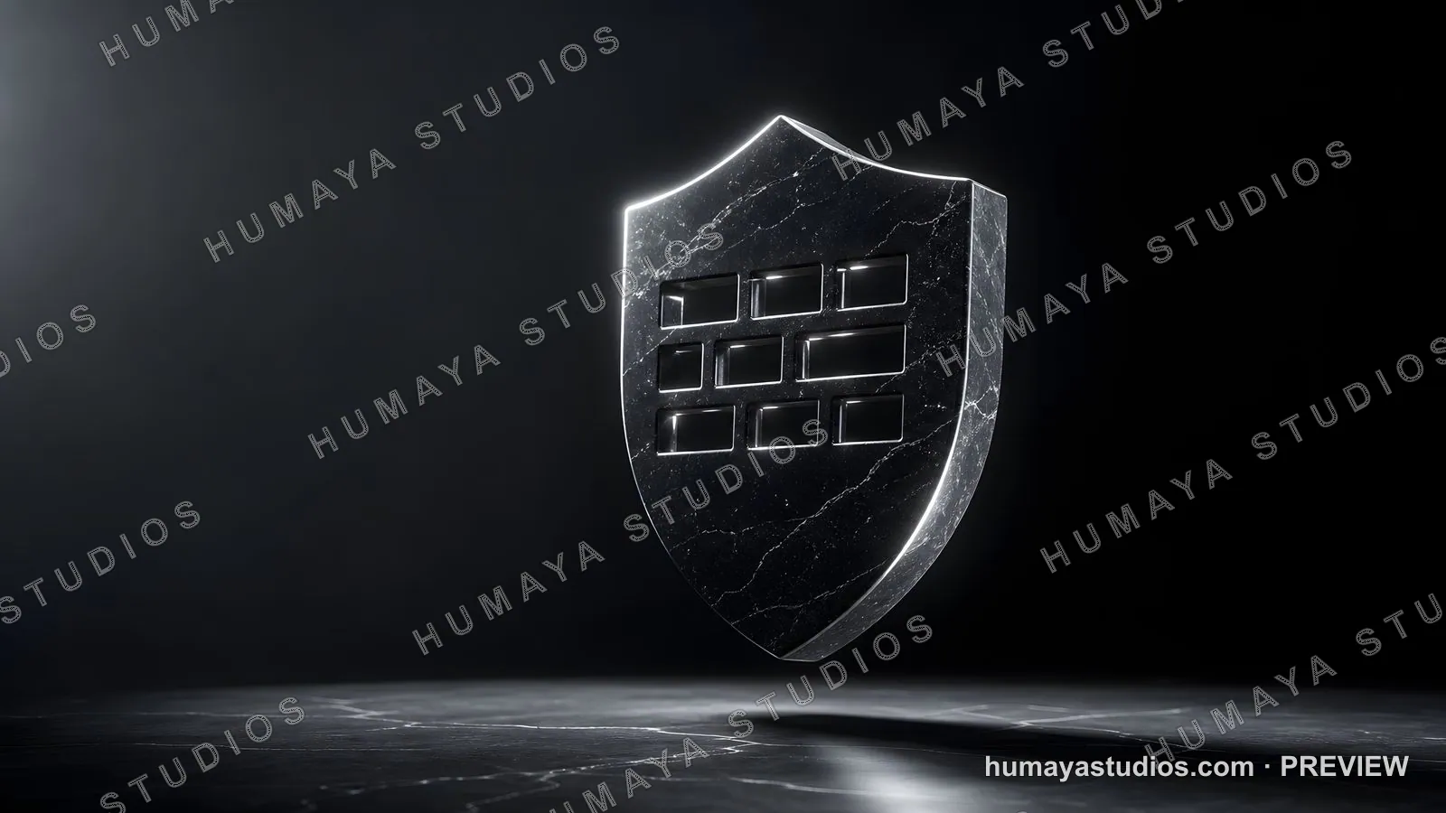 Black Marble Shield Icon with Brick Pattern on Dark Surface