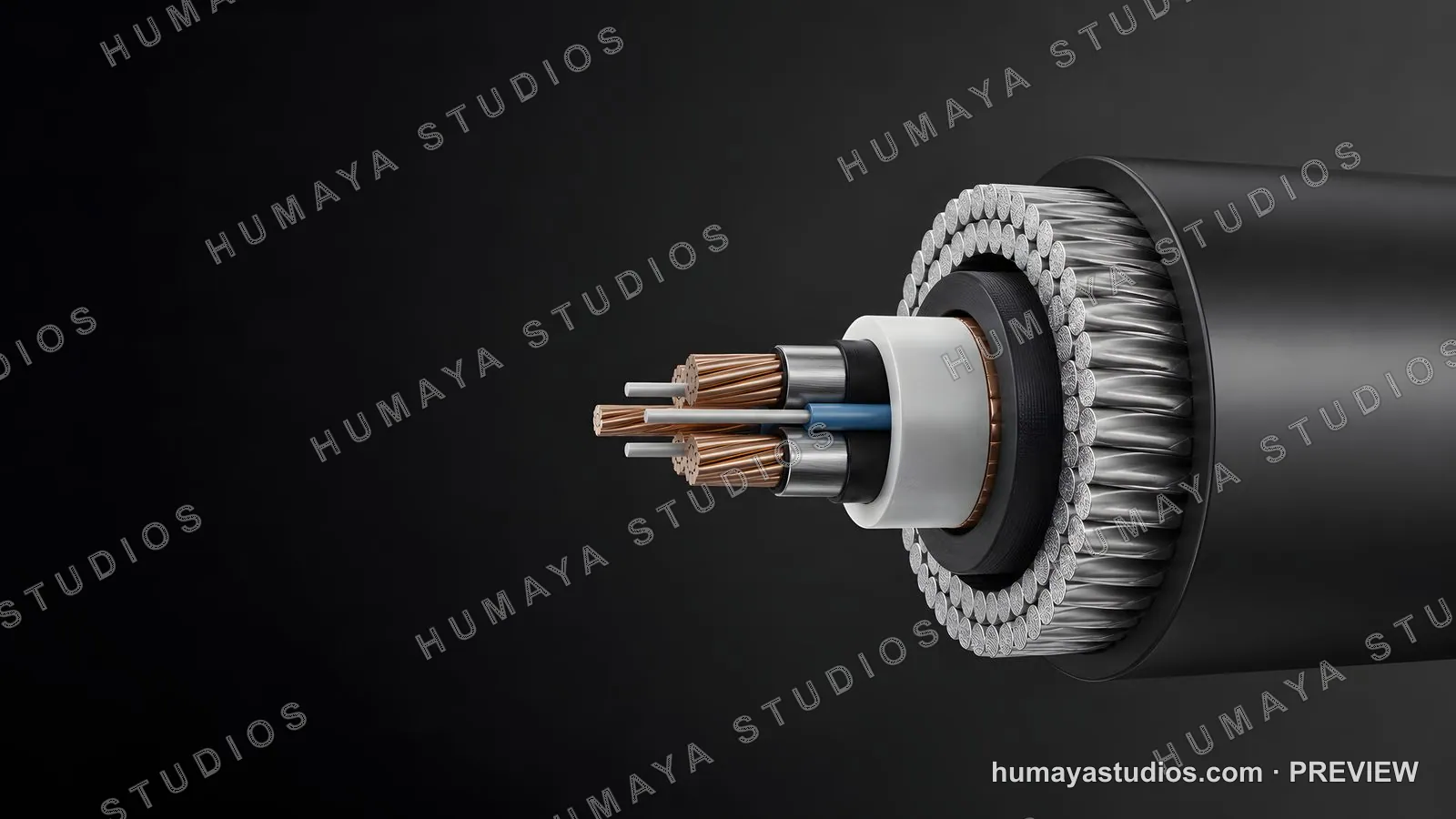 Cross Section of Complex Power Cable with Multi-Core Copper Wires