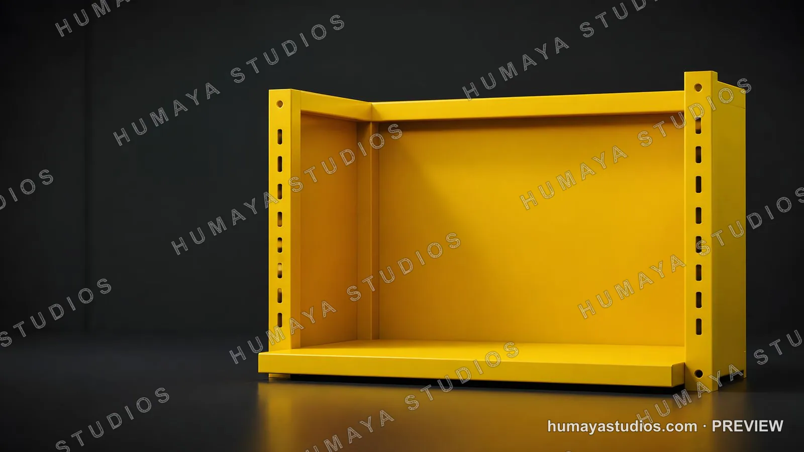 Yellow Metal Storage Shelf Unit on Dark Background