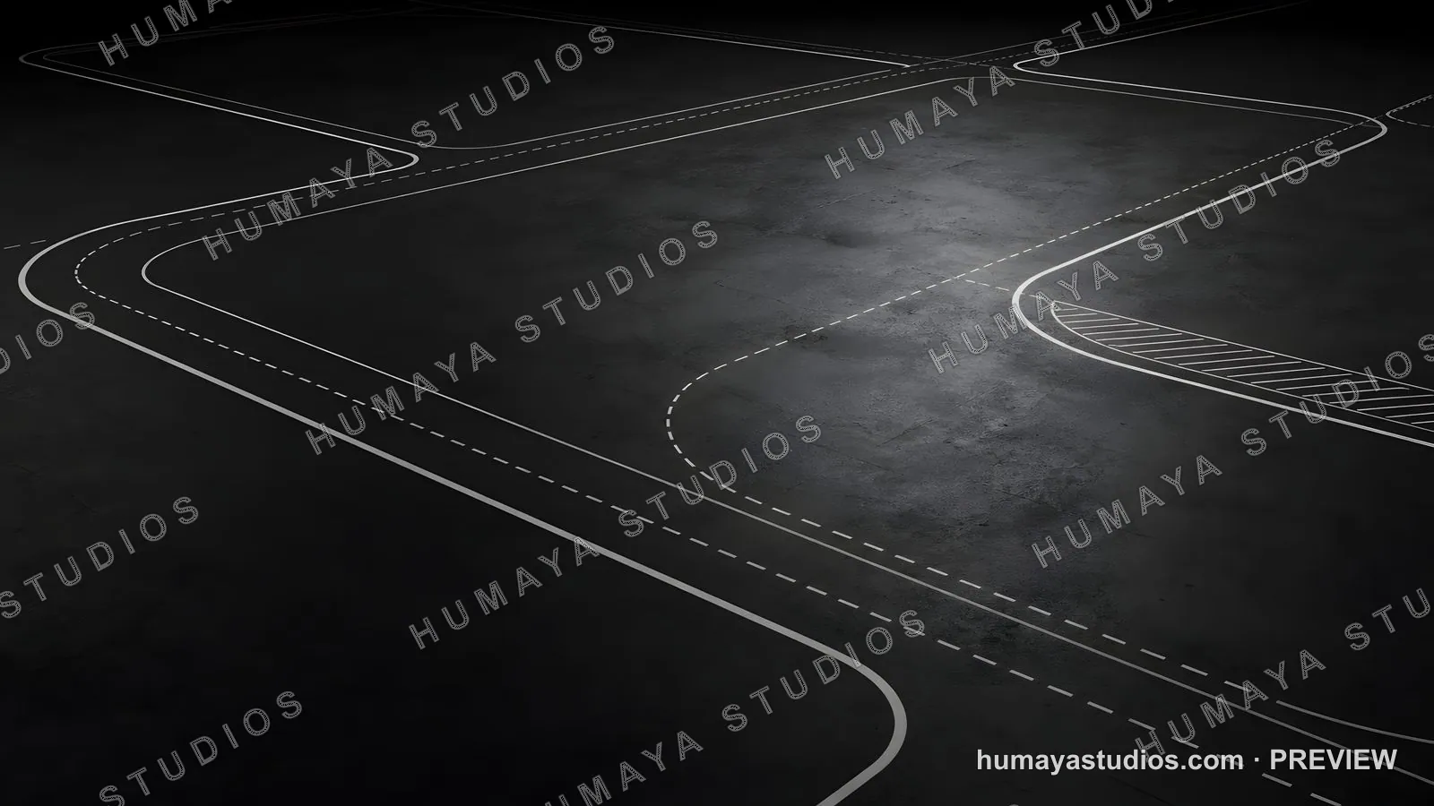Autonomous driving testing ground with road lines on dark asphalt