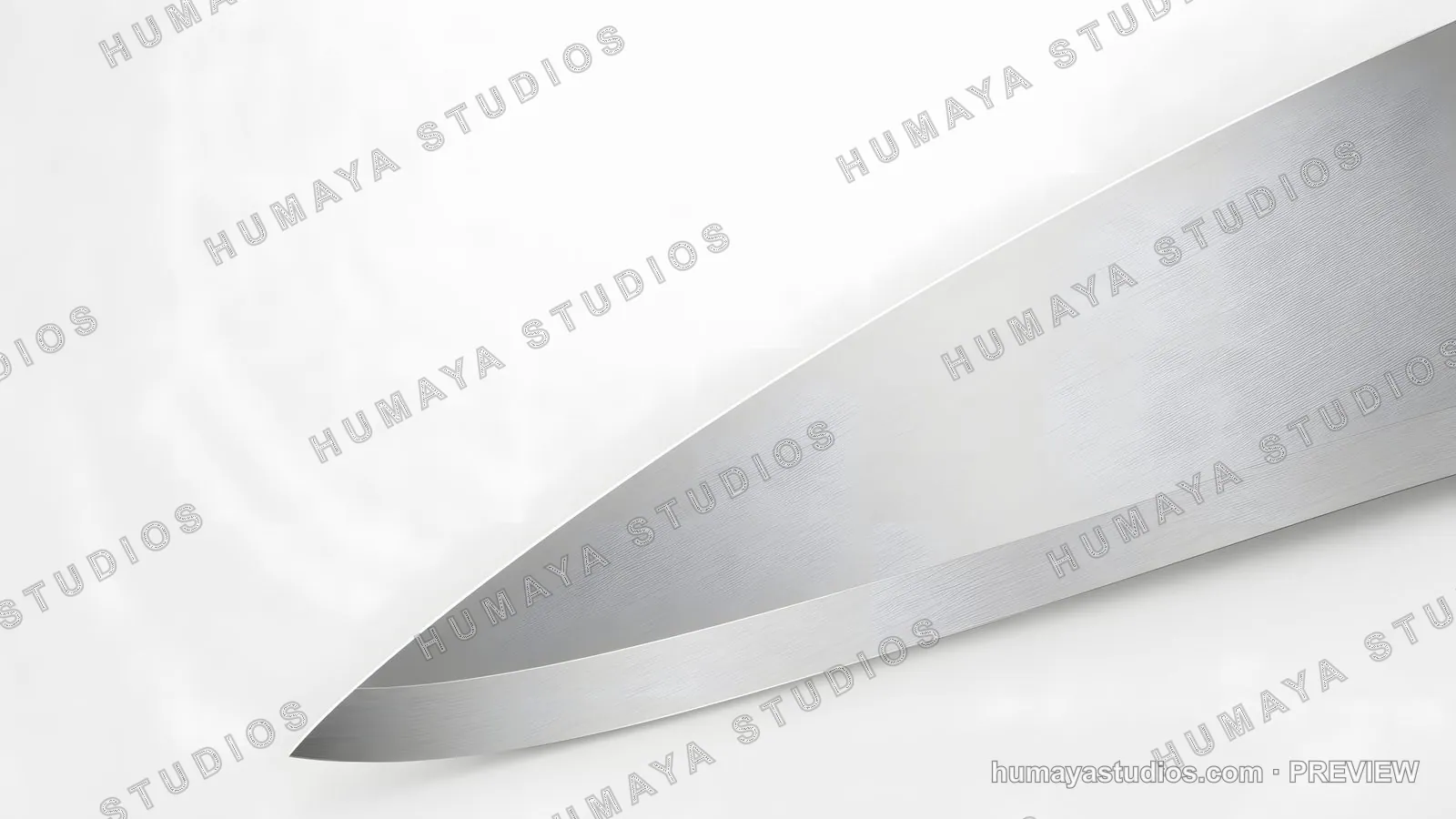 Close Up of Stainless Steel Chef Knife Blade on White Background