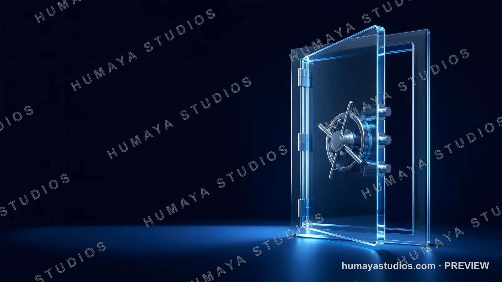Transparent glass security vault door open in dark background