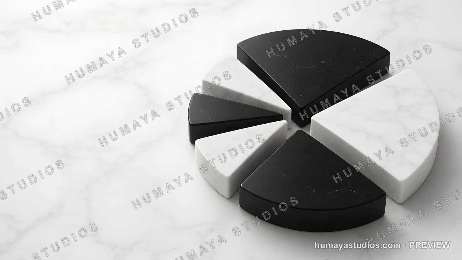 Black and White Marble Pie Chart on Marble Countertop