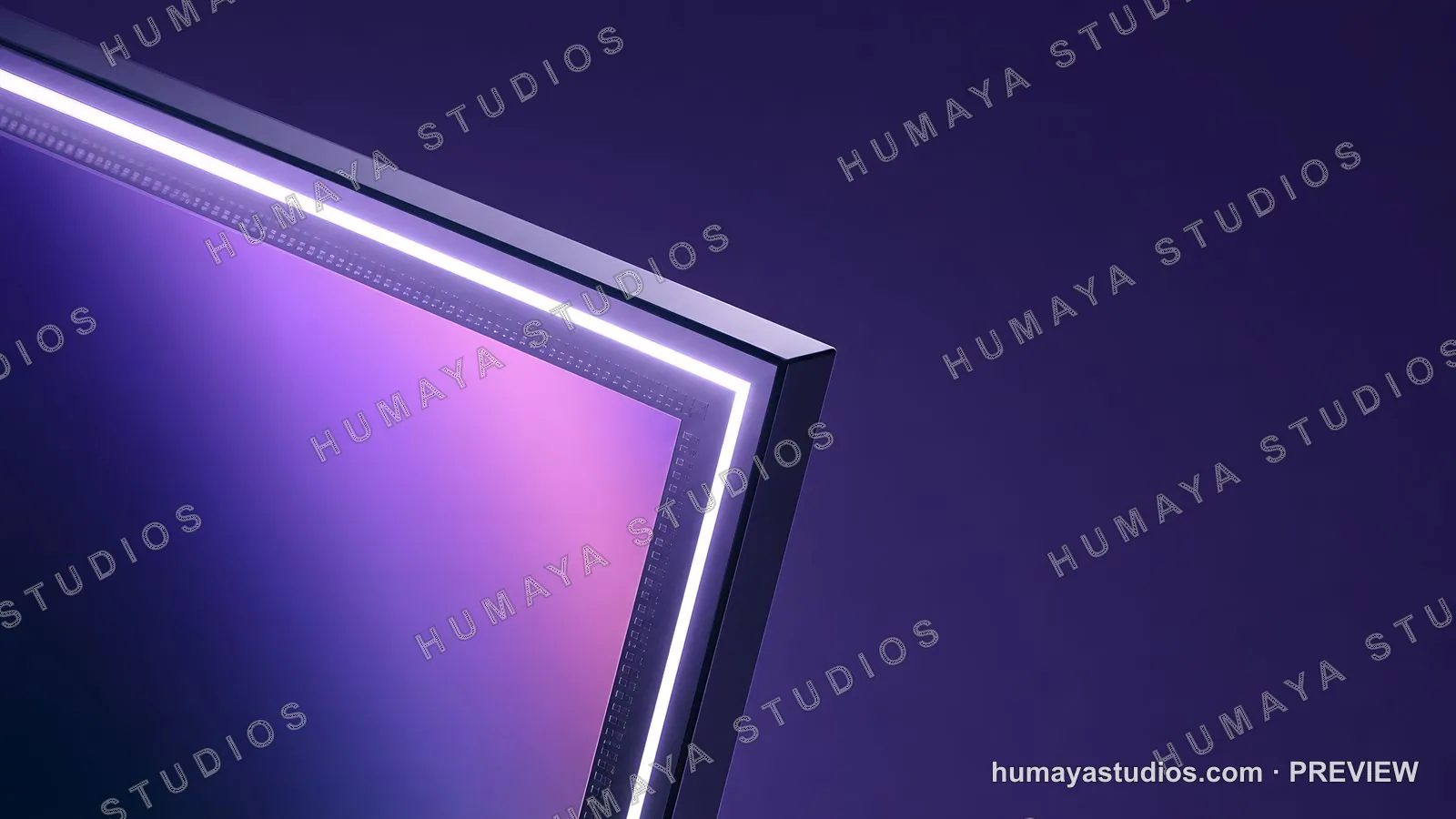 Futuristic OLED TV screen corner bezel with purple glowing backlight