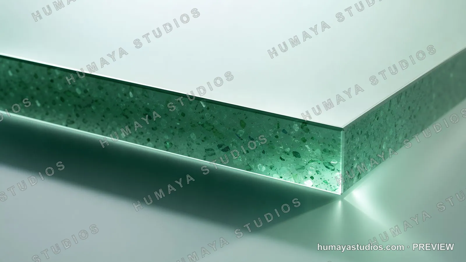 Green recycled glass slab surface and edge texture close up