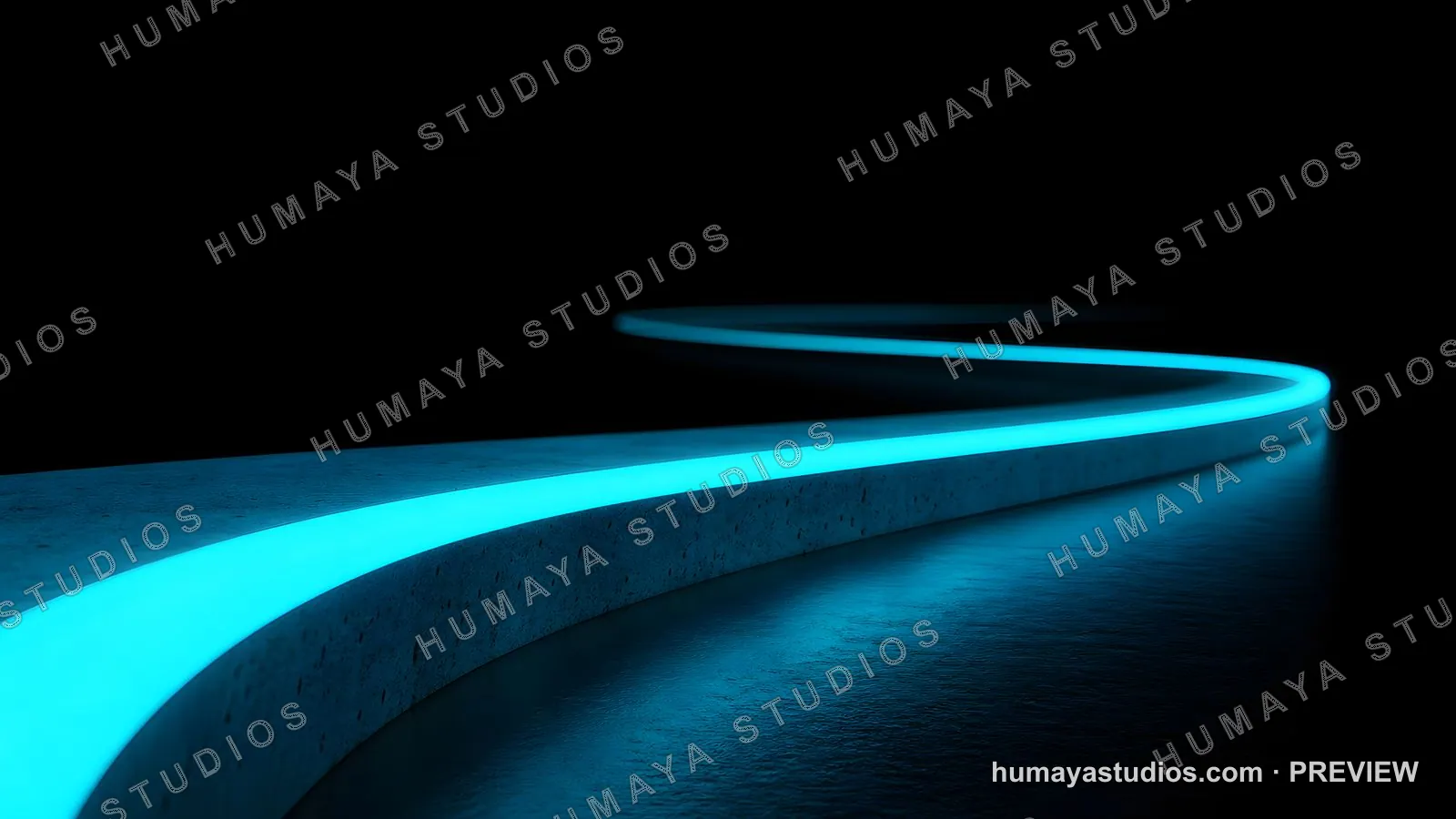 Glowing neon blue path winding through abstract dark space