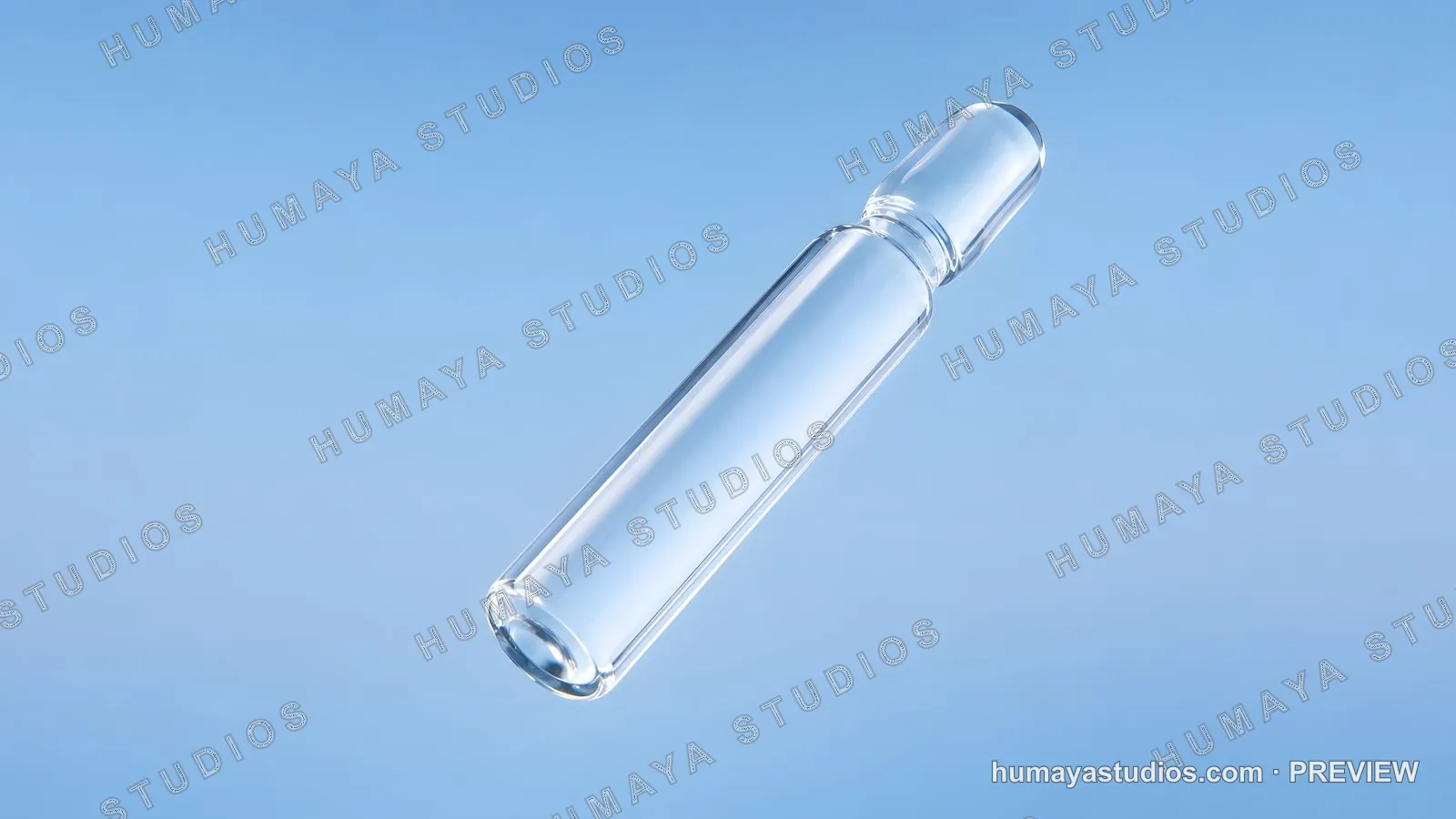 Glass Medical Ampoule Floating Against Clear Blue Gradient Background