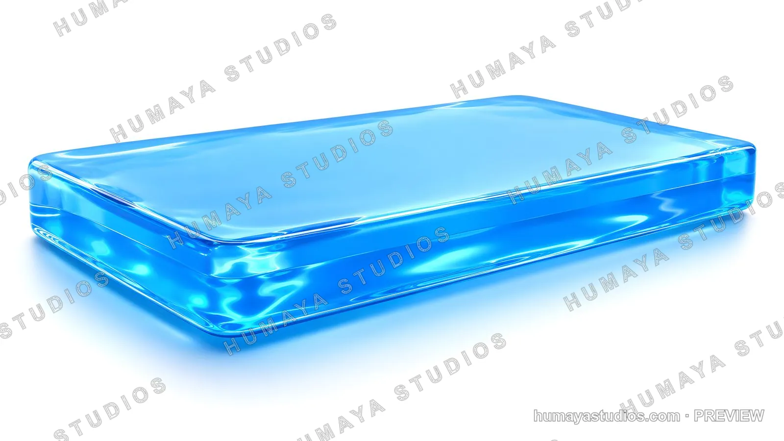 Transparent blue glass block or gelatinous solid on white background