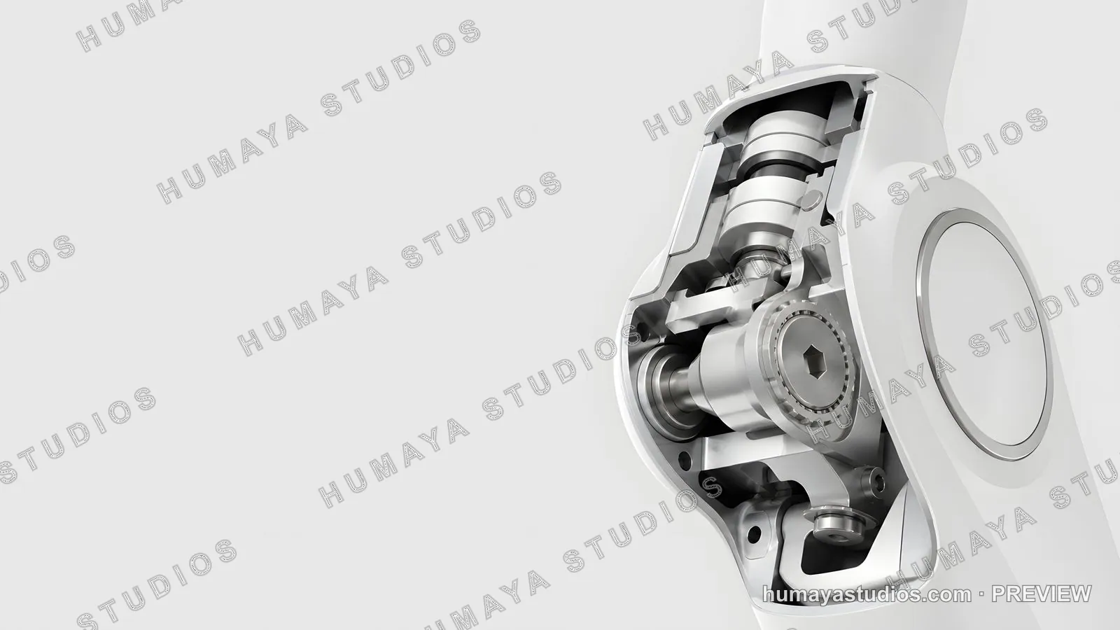 Cutaway view of a robotic arm joint with gears and mechanical parts
