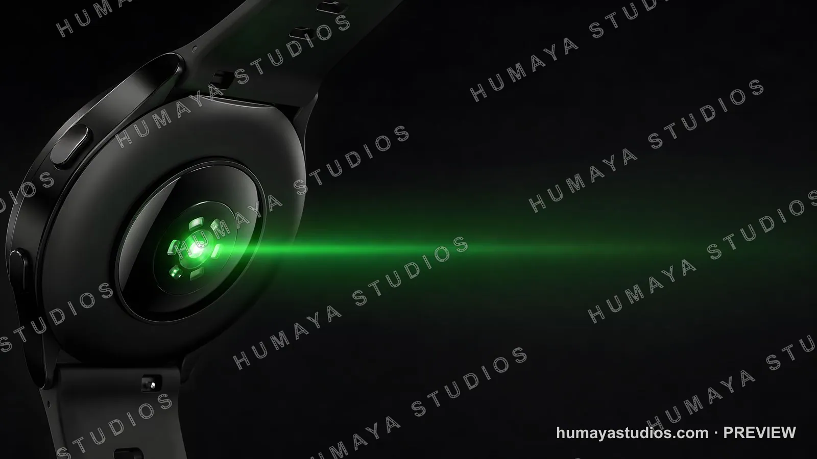 Smartwatch with Green Heart Rate Sensor Glowing in the Dark