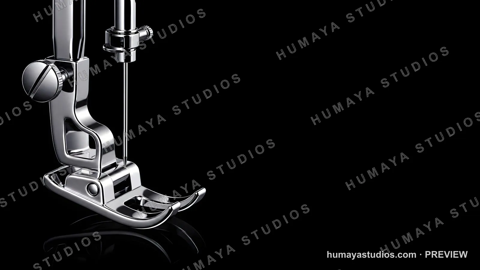Close-up of a Shiny Chrome Sewing Machine Presser Foot and Needle