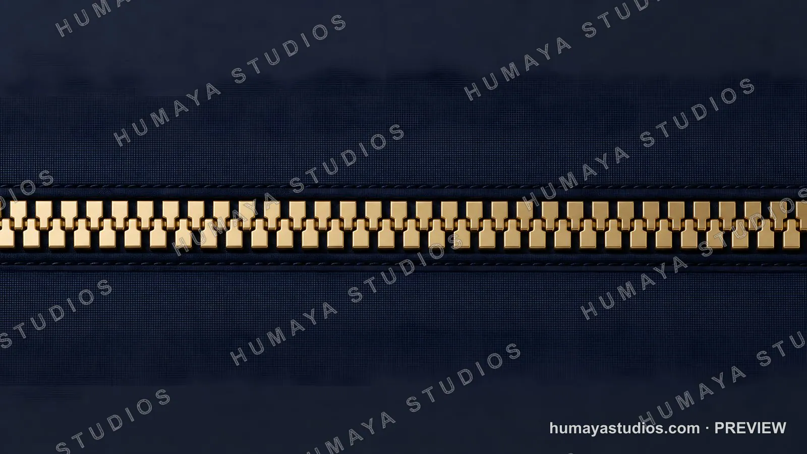 Macro Close-Up of Gold Zipper on Dark Blue Fabric