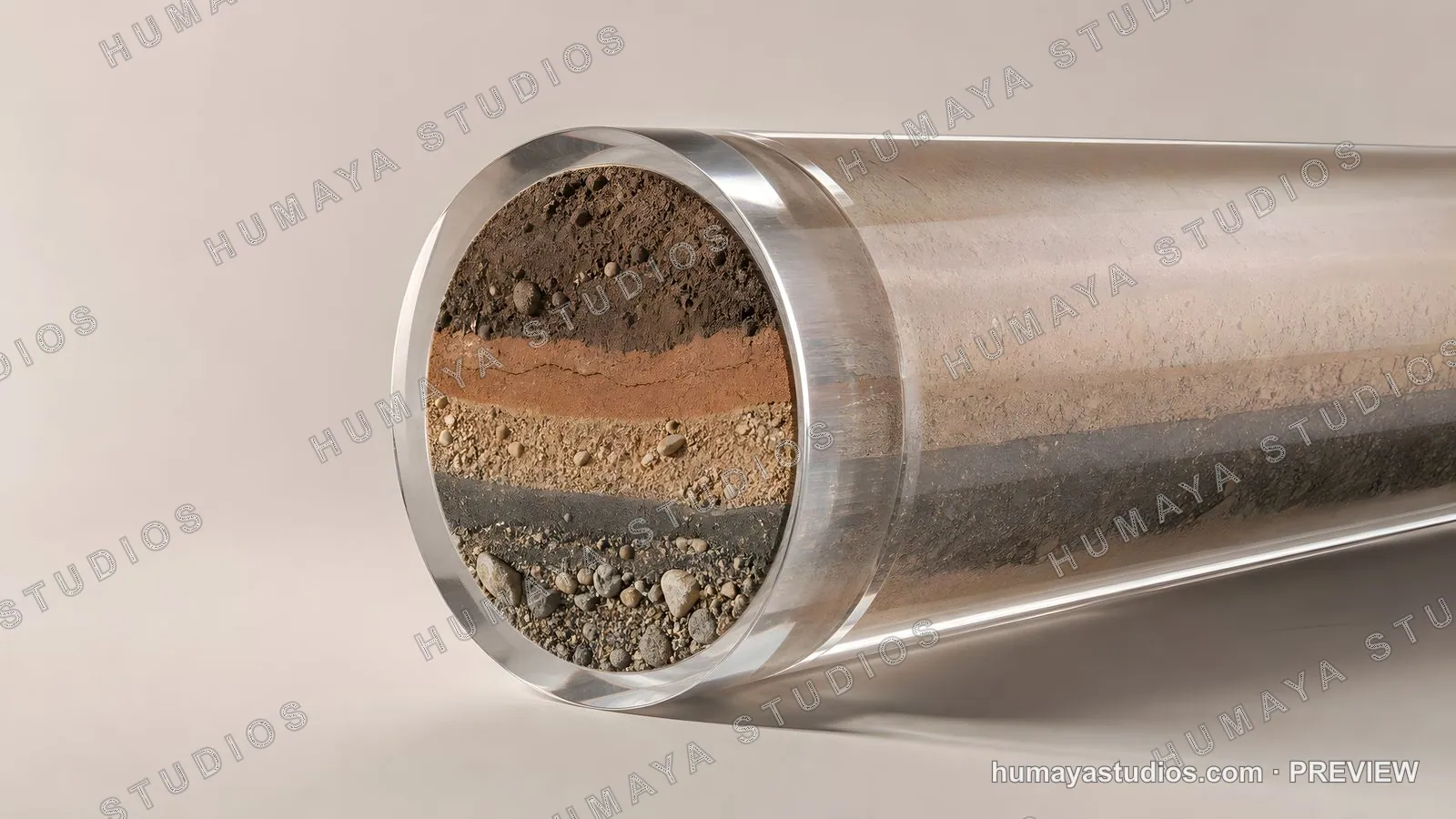 Core sample of earth strata layers in transparent cylinder