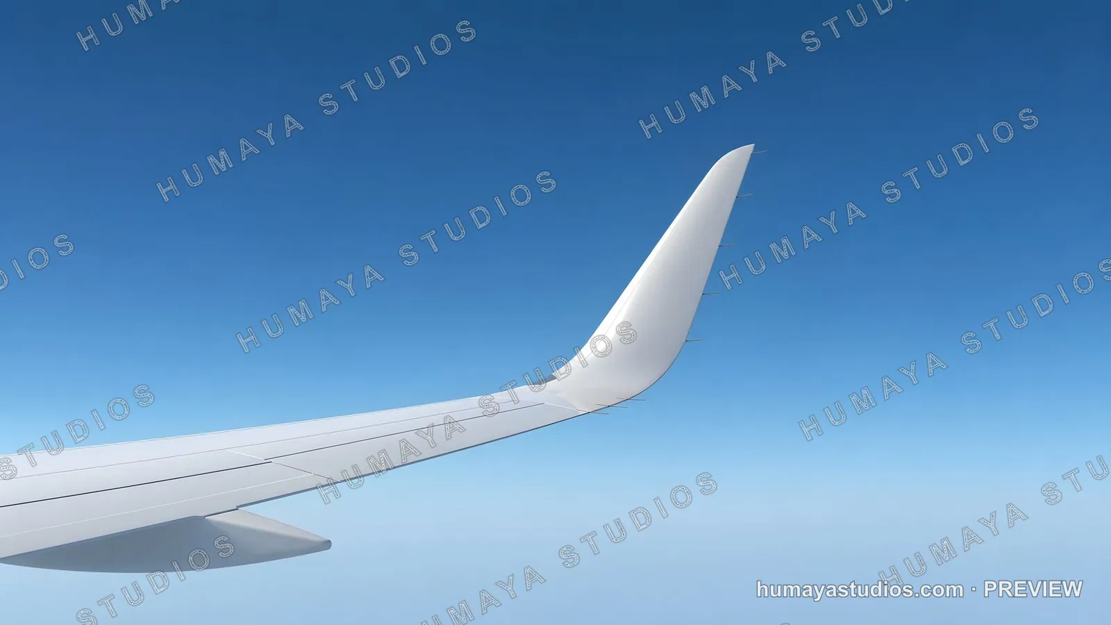 Airplane Winglet in Flight against Clear Blue Sky