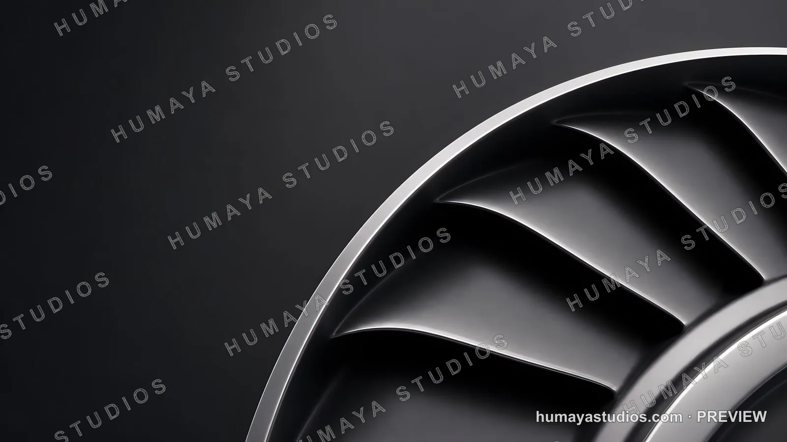 Close-up of a jet engine turbine blade in a dark studio