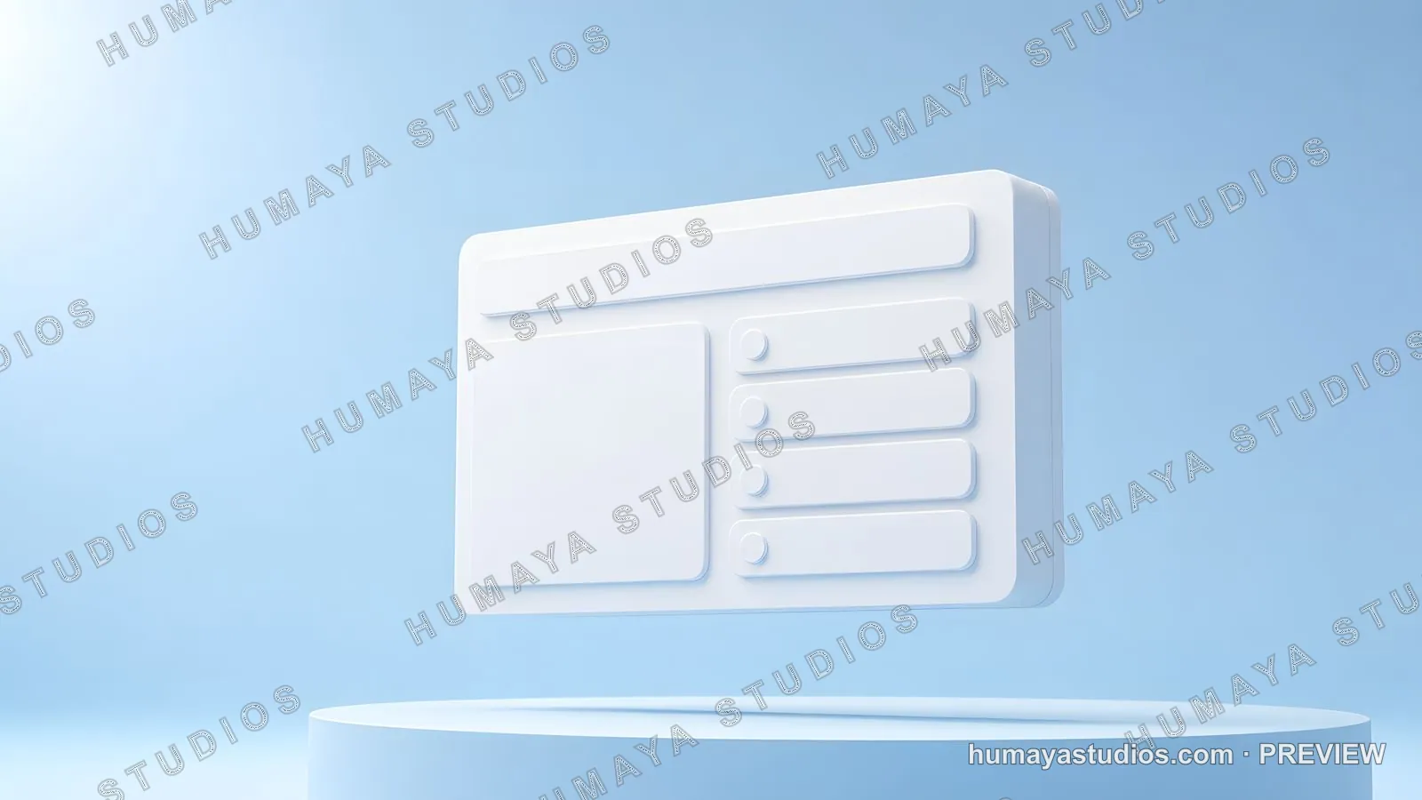 3D UI dashboard website mockup floating on blue podium