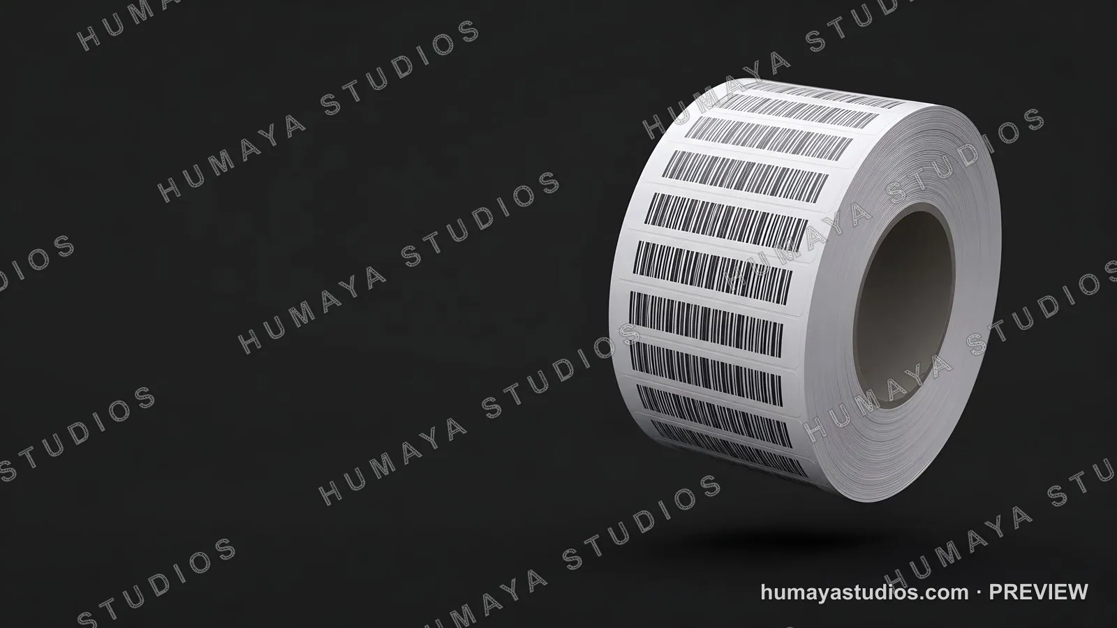 Barcode label roll on dark background, product identification concept