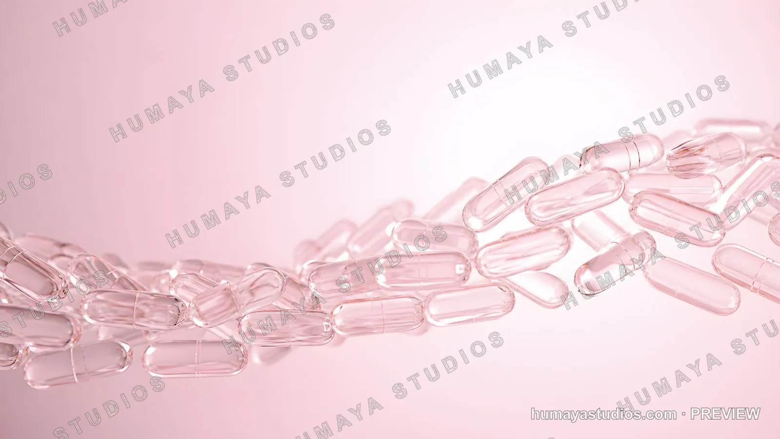 Transparent medical capsules floating in a wave formation on pink