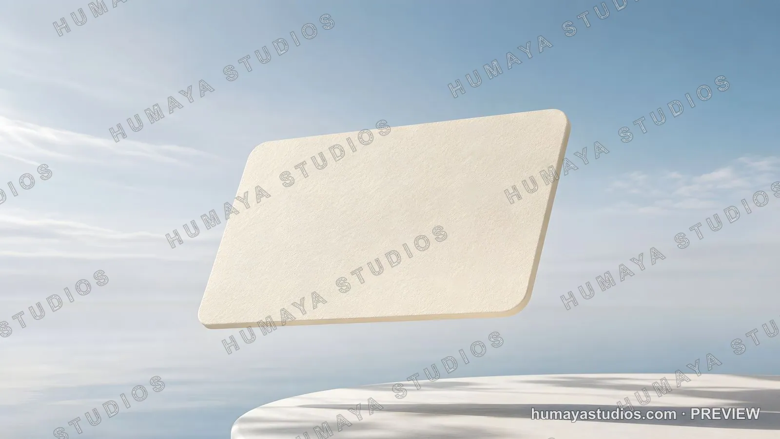 Blank card floating above podium with serene sea and sky backdrop
