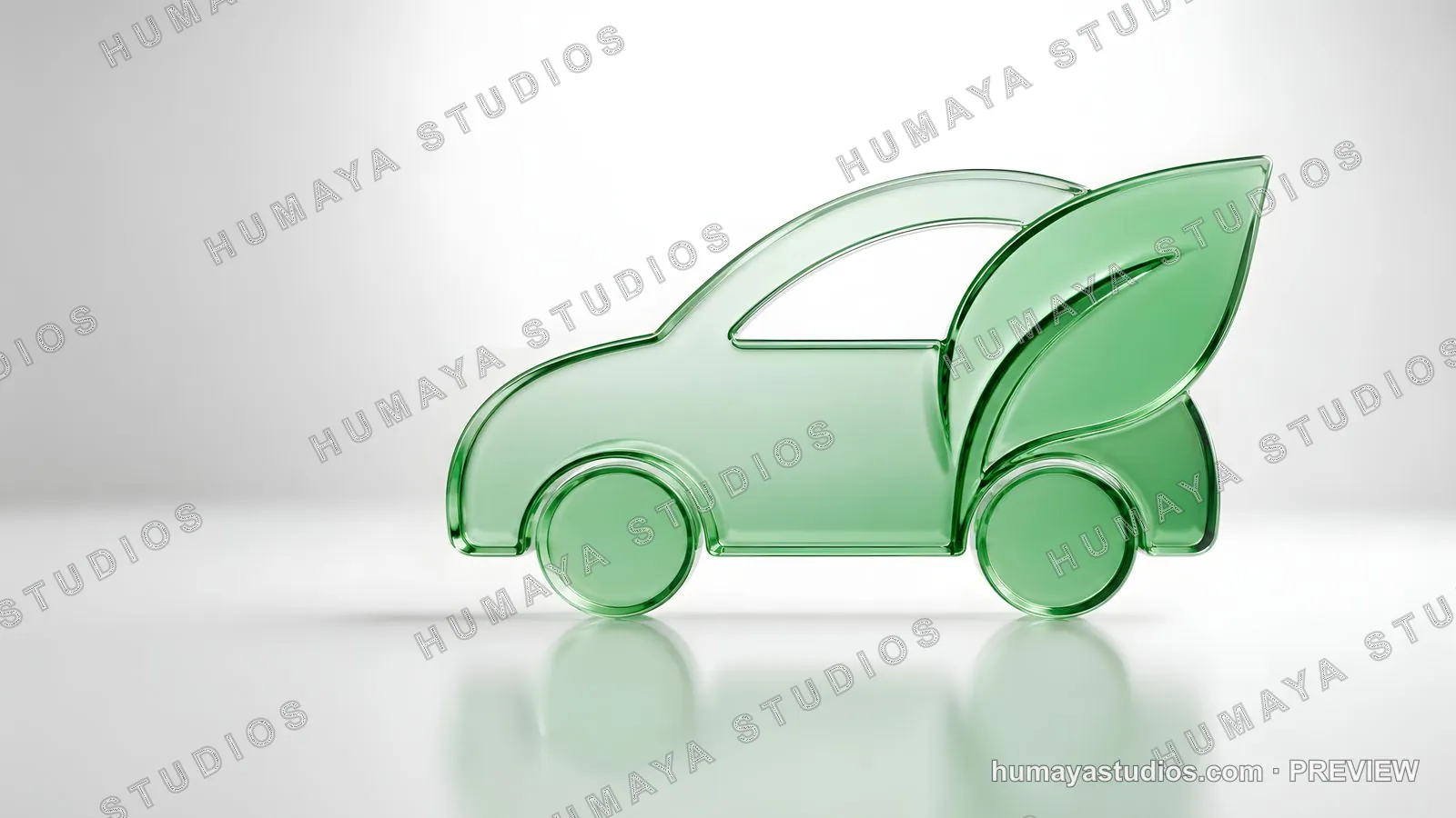 Green glass eco car icon with leaf symbol on white background