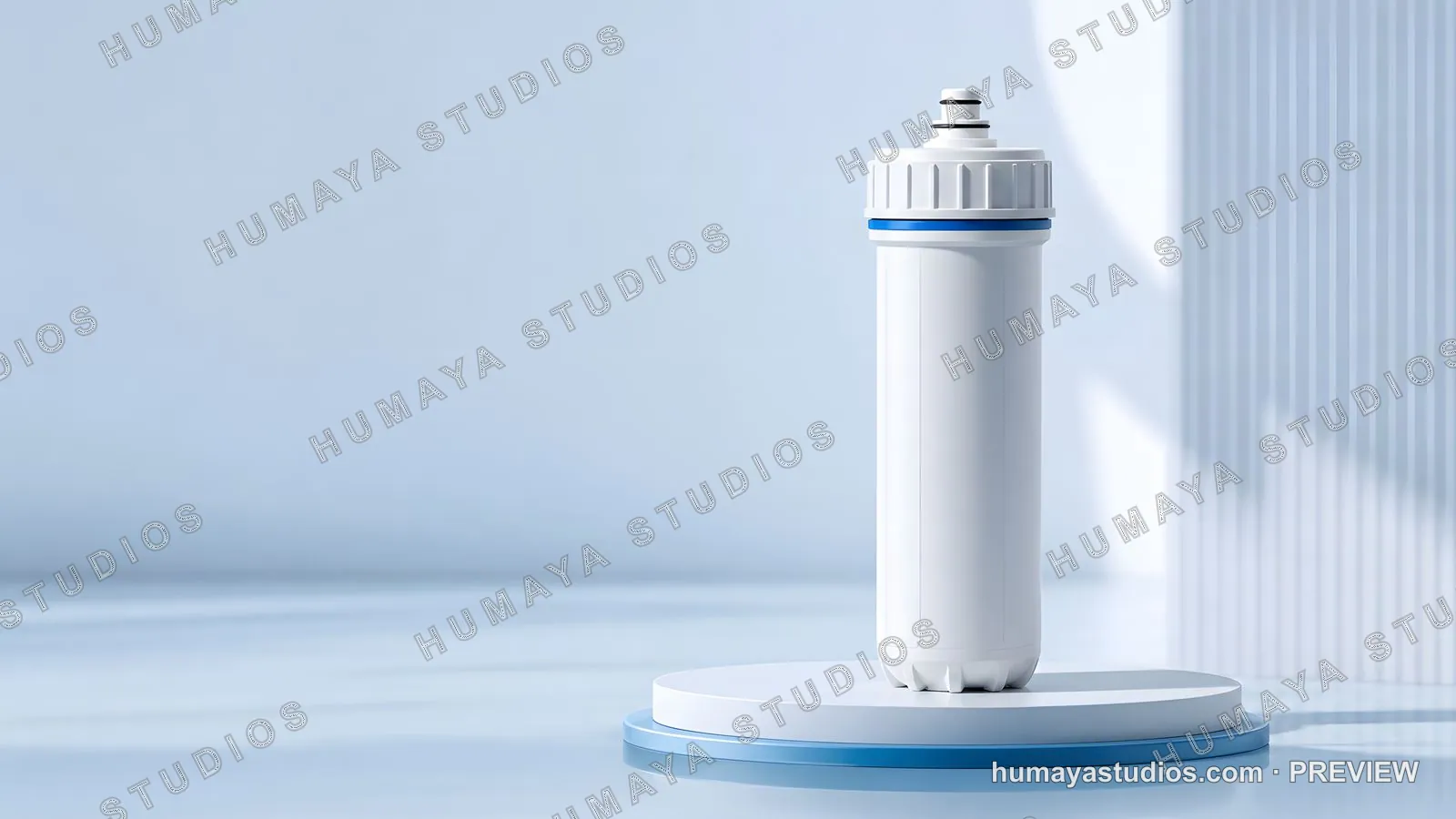 Water filter cartridge on modern podium studio background