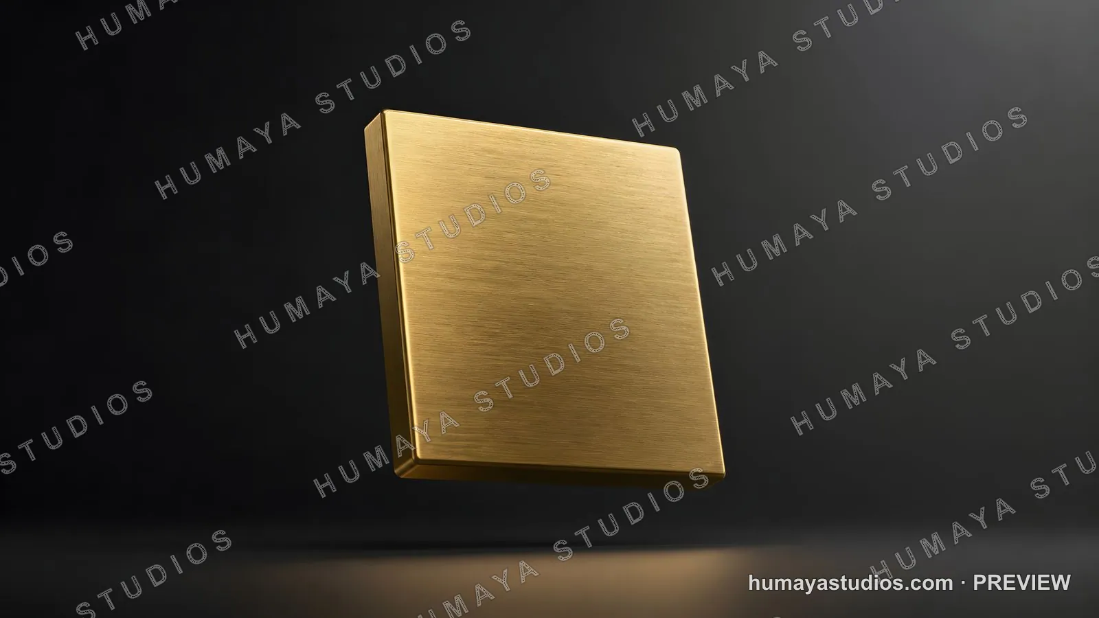 Gold brushed metal plate floating on dark studio background
