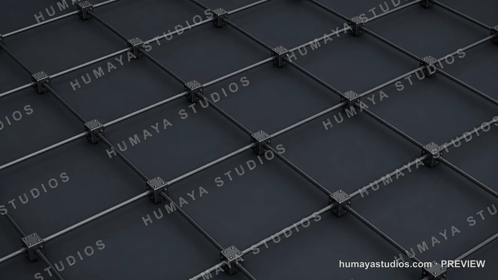 Metal Grid Structure with Industrial Connectors on Dark Background