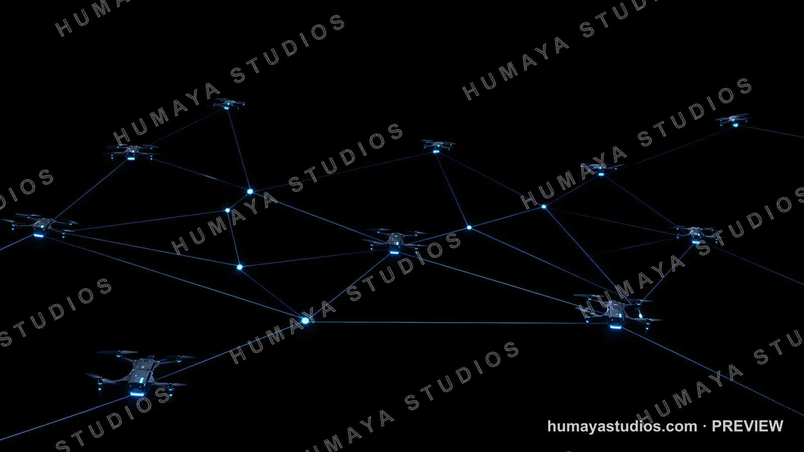 Drone swarm network with glowing digital connectivity lines