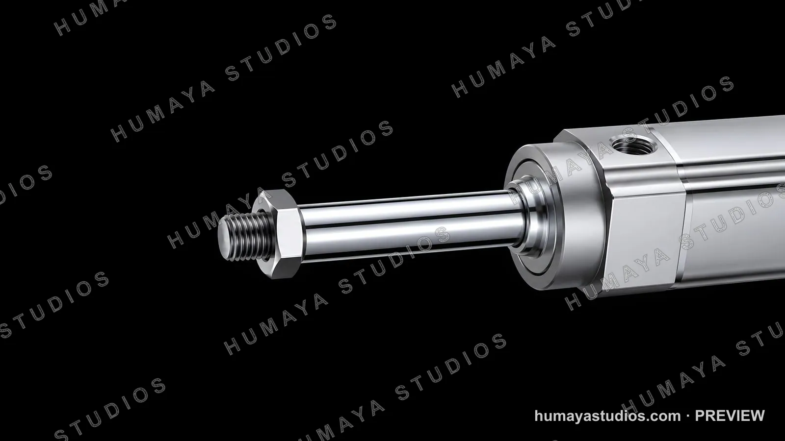 Pneumatic cylinder metallic piston rod on black background