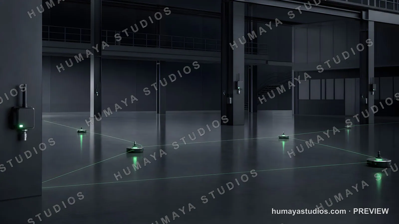 Autonomous mobile robots navigating a dark industrial warehouse facility