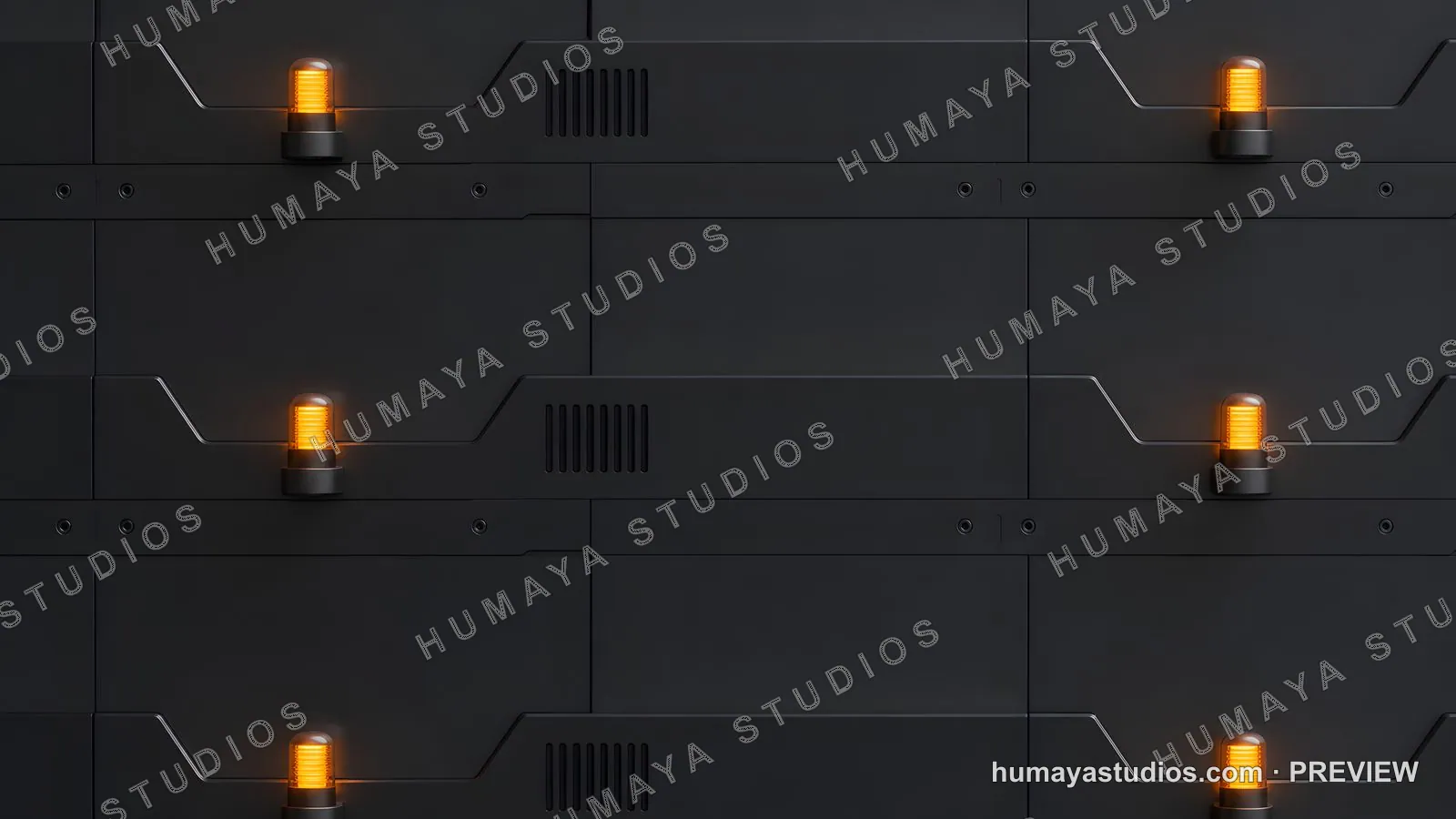 Sci-Fi Black Wall with Glowing Orange Warning Lights and Panels