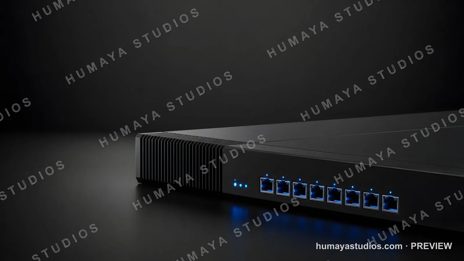 Modern Network Switch with Glowing Blue Ports on Dark Background