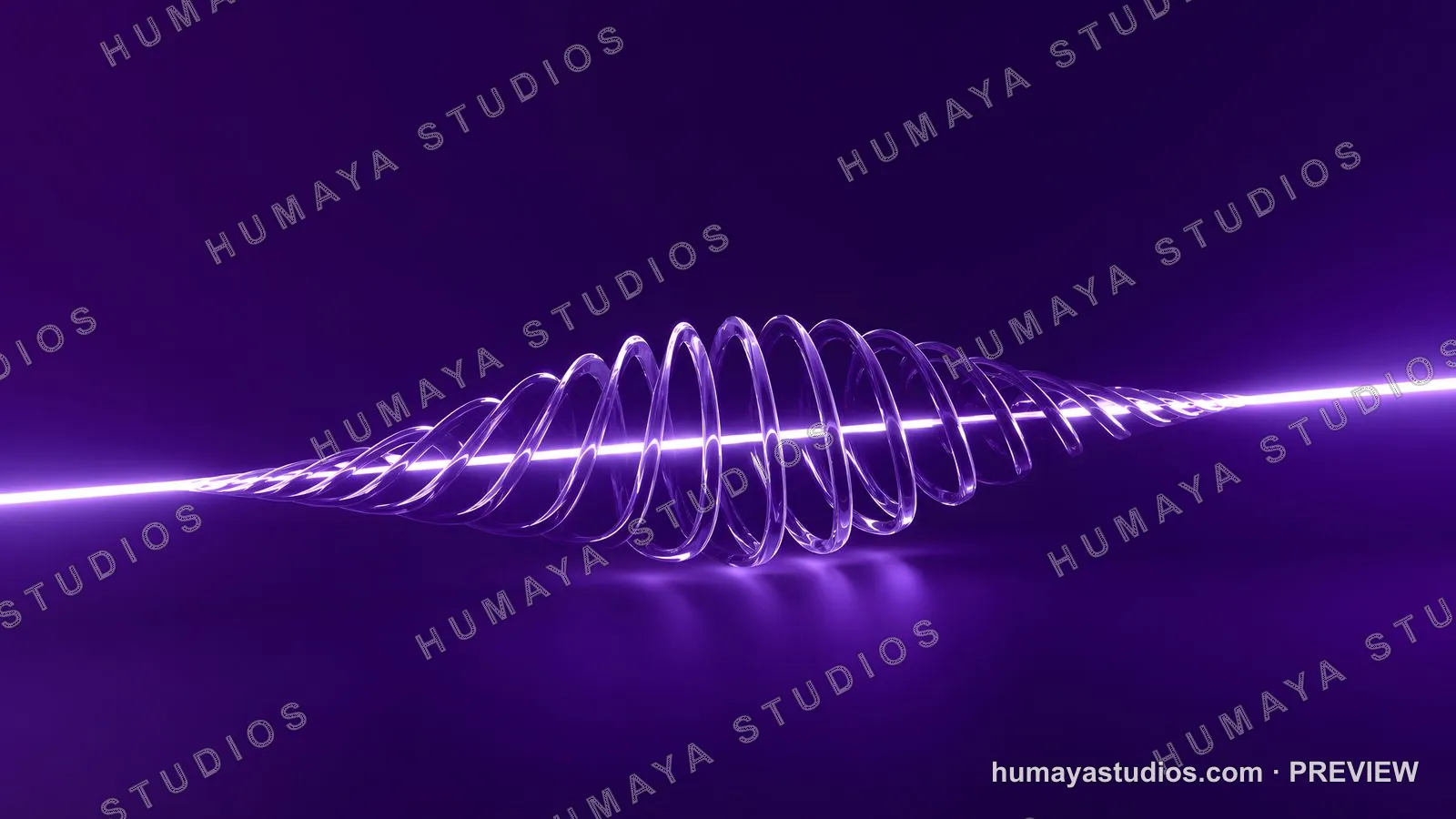 Glowing neon purple laser beam passing through a glass spiral sculpture