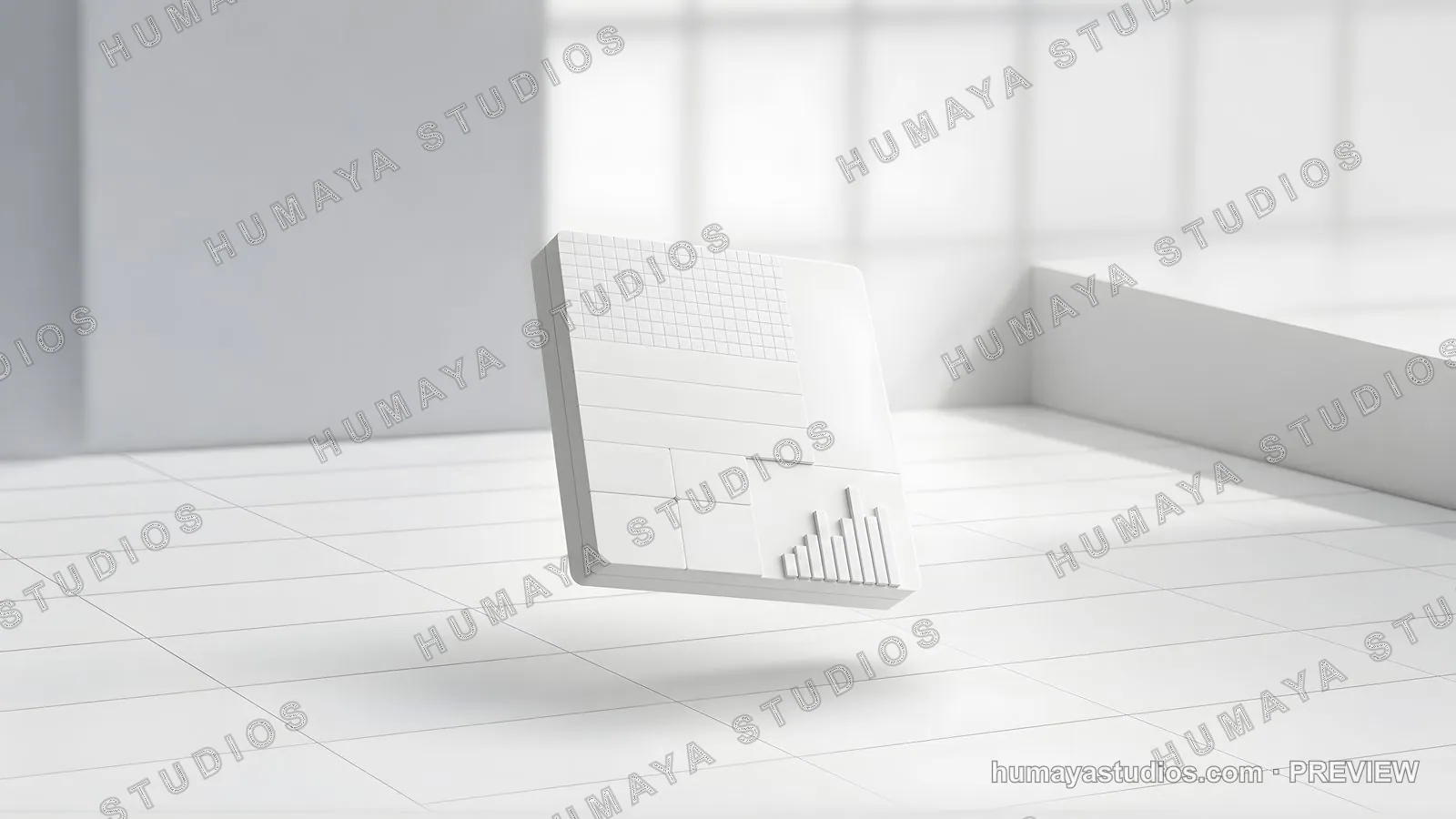 White abstract data dashboard interface floating in minimal studio
