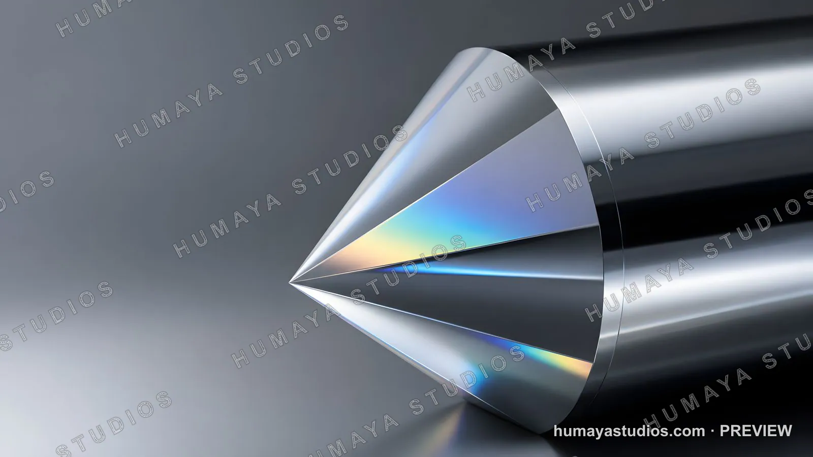 Polished steel cone with iridescent light reflections