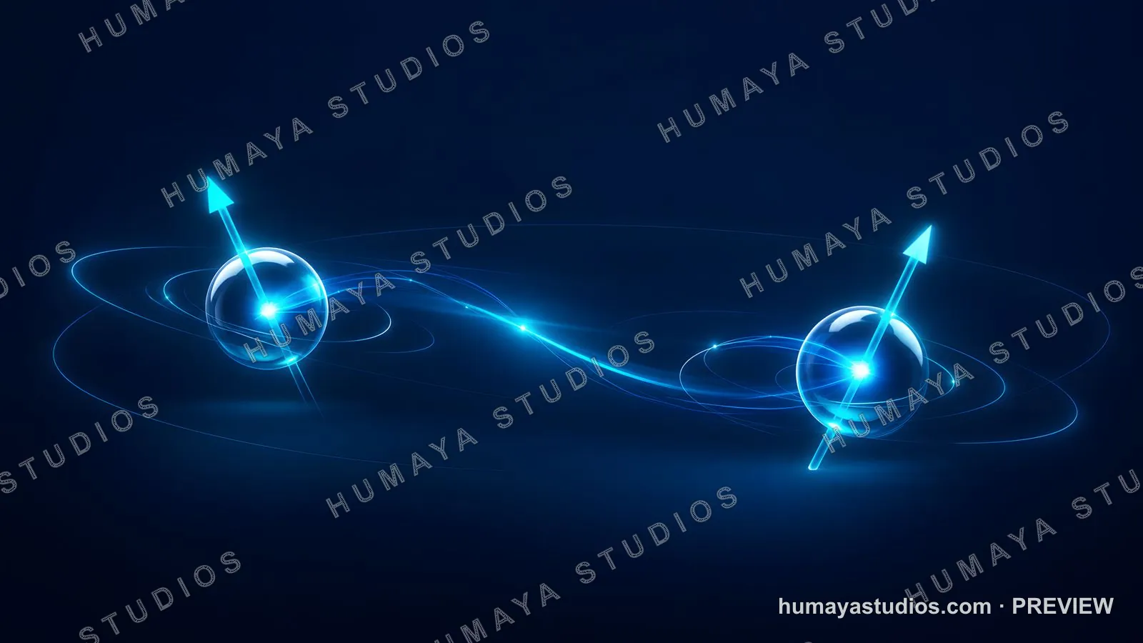 Quantum entanglement concept with glowing atomic particles and spin