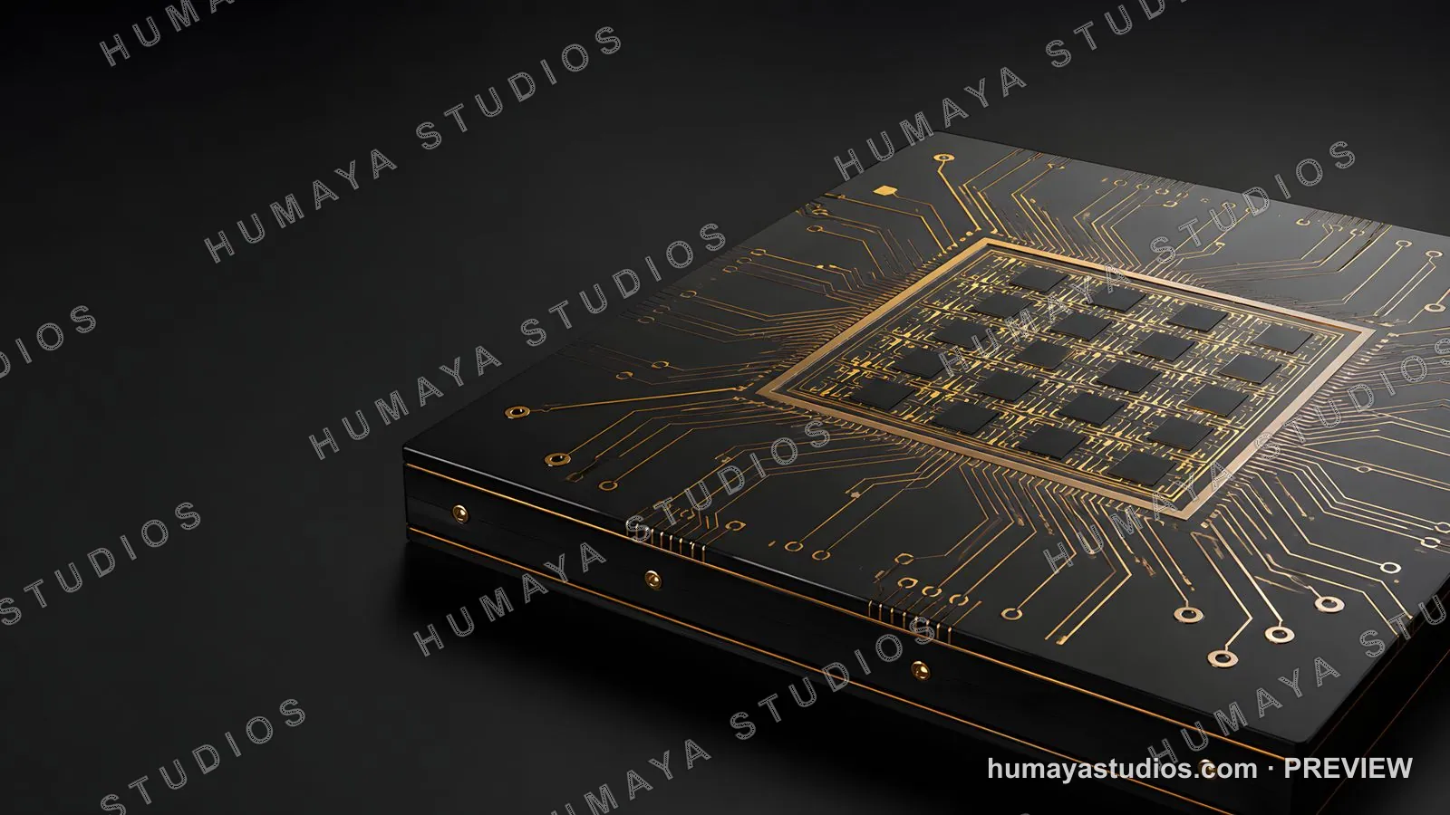 Advanced microchip processor with gold traces on dark background