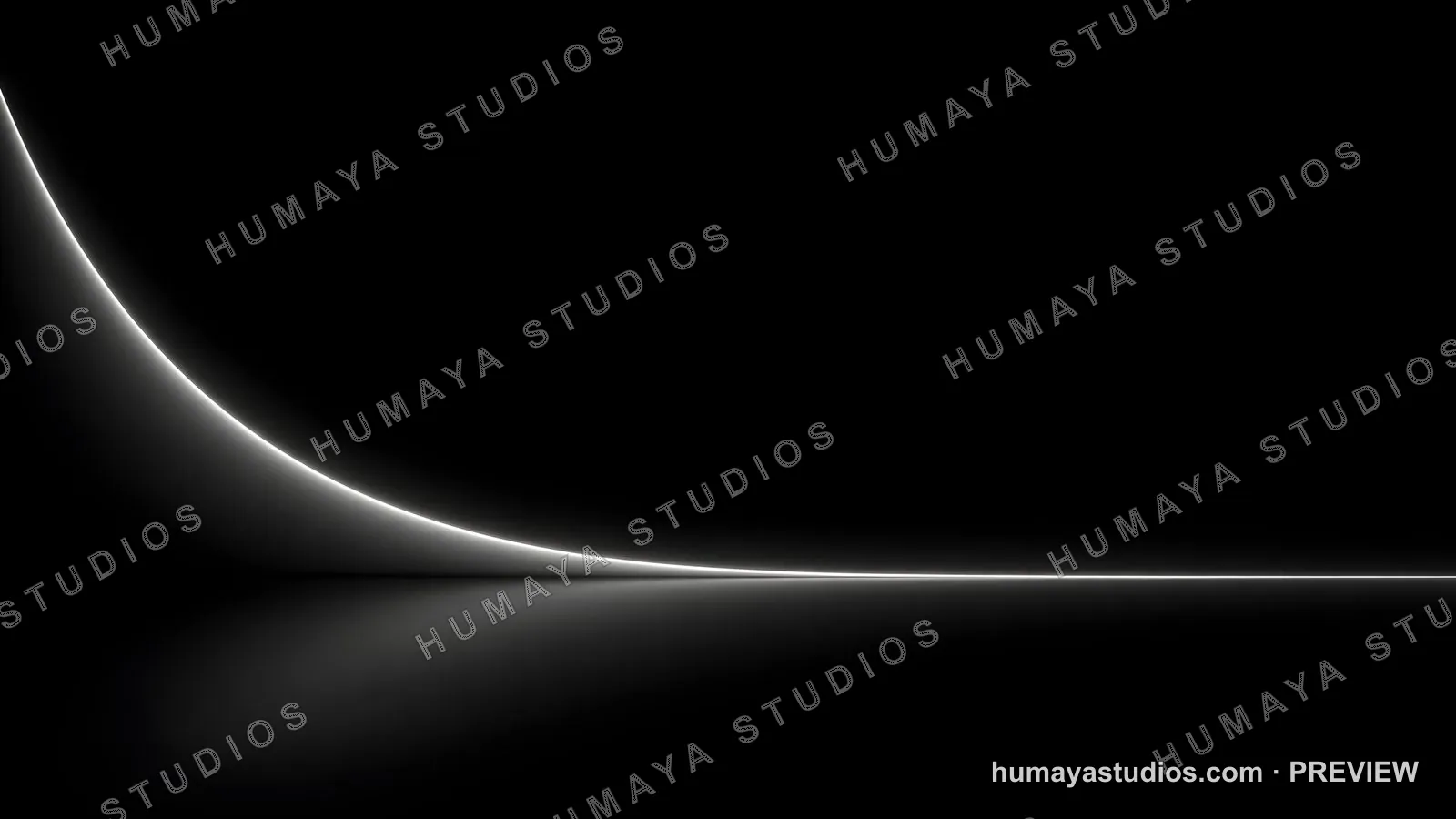 Abstract black background with glowing white light curve and reflection