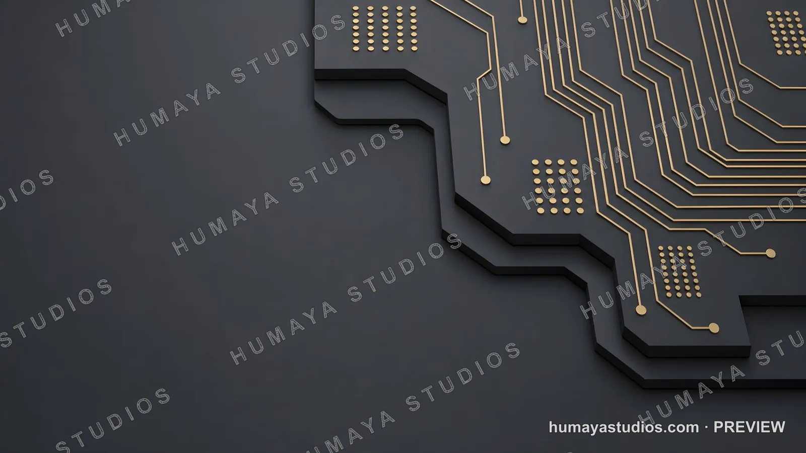 Futuristic Circuit Board Background with Gold Tracks on Dark Panel