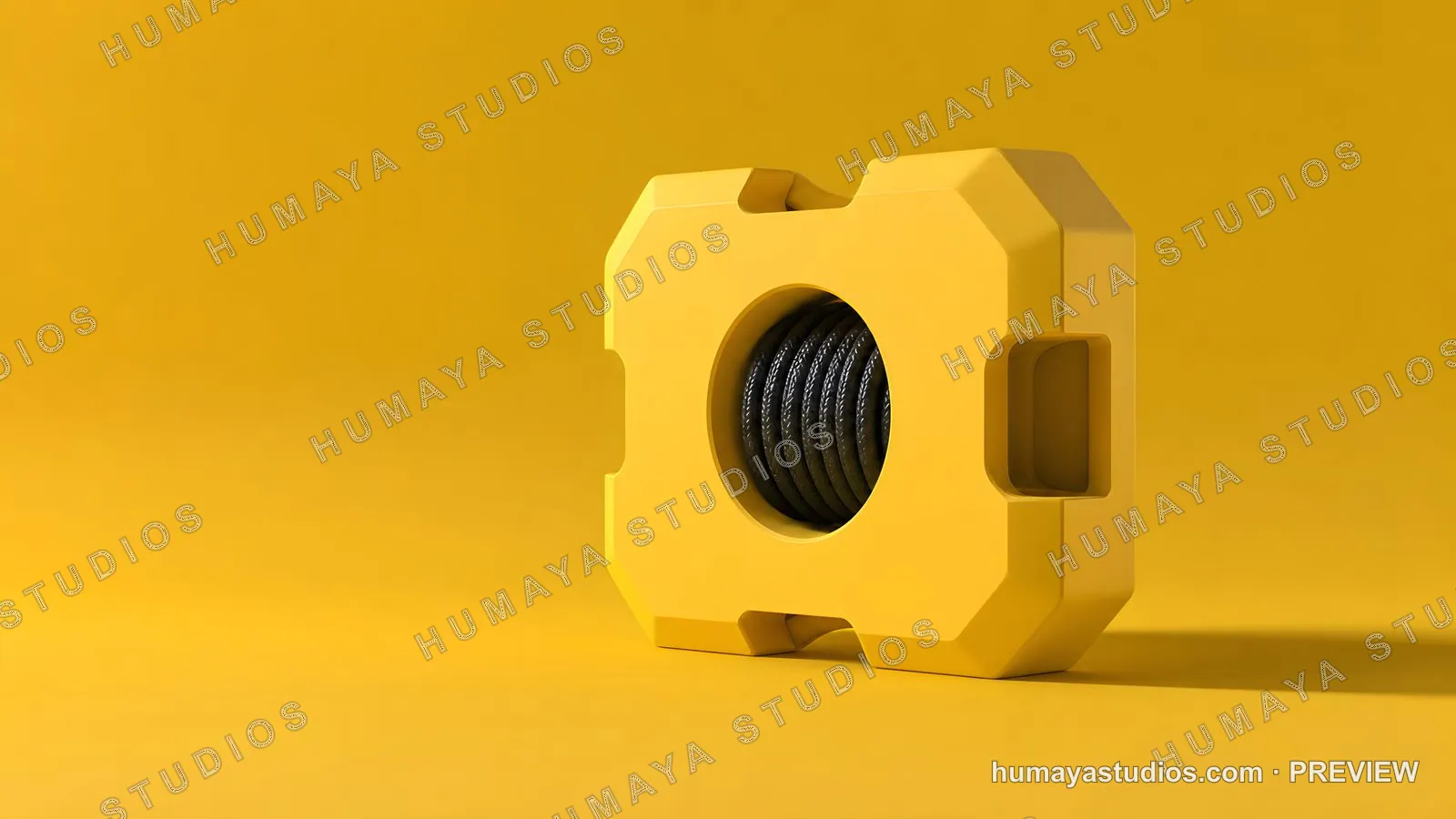 Yellow Container with Black Coiled Cable on Yellow Background
