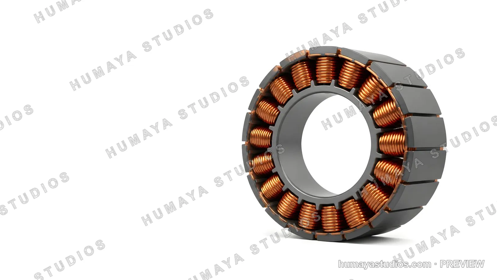 Electric Motor Stator with Copper Windings on White Background