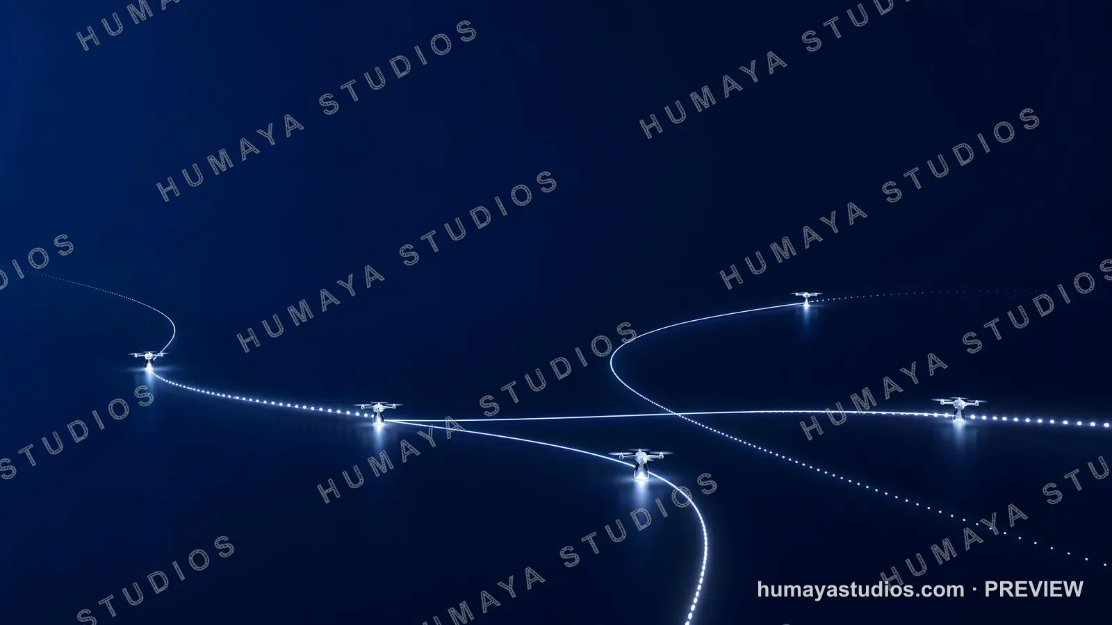 Autonomous Delivery Drones Flying Along Glowing Flight Paths