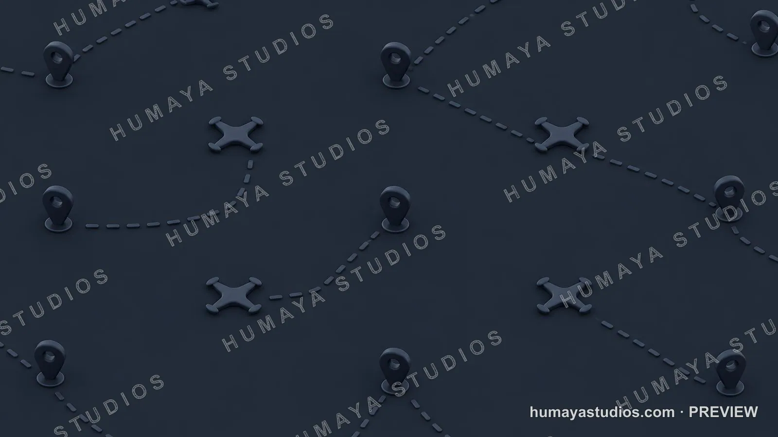Drone Flight Paths and GPS Pin Locations on Dark Background
